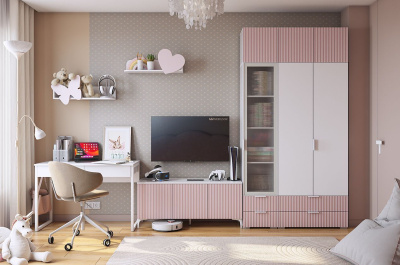Комплект детской мебели "Зефир К2" (3500х580х2300), (3500х580х2300) белое дерево/белый муар/пудра розовая (эмаль)