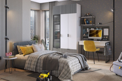 Зефир Шкаф однодверный 107.03, (400х422х1900) белое дерево/черный муар/серый (эмаль)