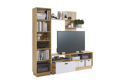 Гостиная "Моди К1", (2000х350х1885) дуб крафт золотой/белое дерево